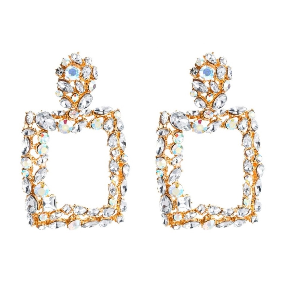 Gold & Rhinestone Drop Statement Earrings - Picture 3 of 3